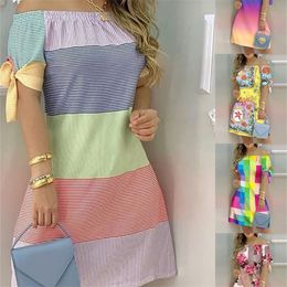 Women Off Shoulder Mini Dress Summer Sexy Short Sleeve Bow Tie Striped Floral Print es Fashion Casual Loose Vestidos 220630