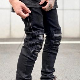 Men's Jeans High Street Leather Patch Mens Wrinkle Wash Water Slim Fit Stretch Black Man Motorcycle Pants Ripped For Men