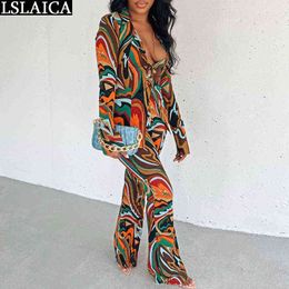 Two Piece Sets Womens Outifits Long Sleeve Shirts and Wide Leg Pant Suits Elegant Digital Printing Loungewear Clothing Fashion T220729