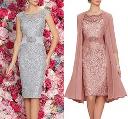 2022 Mother of the Bride Dresses With Chiffon Jacket Lace Satin Sheath Short Knee length Women Cocktail Party Celebrity Gowns Robe De Soiree