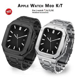 New Stainless Steel Modification Mod kit Strap 2 in 1 case with Straps For Apple Watch Band 45mm IWatch Series 7 6 5 4 3 SE 44mm Noble Luxury Metal Accessories
