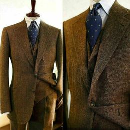 Men's Suits & Blazers Formal Brown Herringbone 30% Wool Men Slim Fit Wedding Groom Notch Lapel Blazer Masculino Business Costume Homme Maria
