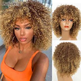 Hair Synthetic Wigs Cosplay Short Synthetic Blonde Curly Wigs for Women Afro Kinky Wig with Bangs Omber Brown Cosplay Hair High Temperature 220225
