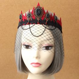 Red Black Lace Hair Accessories Crown with Veil Halloween Charcoal Crystal Beading & Bronze Tassel Netted Queen Headbands Half-face Mask