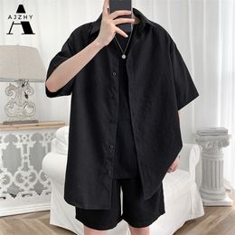 Streetwear Shirt Men Solid Cotton Plus Size Short Sleeve s Loose Summer Fashion Casual Korean Mens Tops Clothes 220322