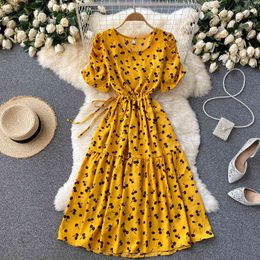 Boho 2022 slim drawstring Floral Print Summer Long Dress Party vestido de festa Women vestidos Casual Beach Holiday tunic Dress Y220413