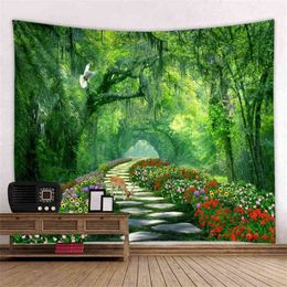 Nature Flower Road Wall Tapestries Forest Tree Psychedelic Carpet Landscape Bohemian Room Decor Home Decoration Accessories White J220804