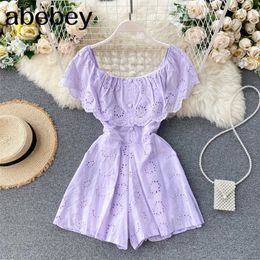 Sexy Slash Neck Women Jumpsuits Sweet Ruffles Hollow Solid Rompers Summer Fashion Wide Leg Short Rompers 210715