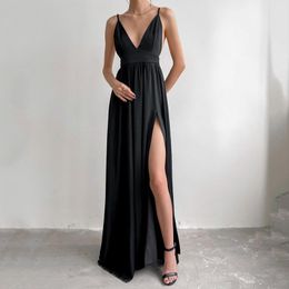 -Vestidos casuais espaguete strap backlessslit vestido sexy cetim preto partido elegante