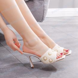 Thin High Heels Slippers Women Sandals Slip On Slides Summer Beige Pearl Rhinestone Wedding Shoes