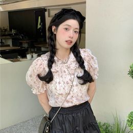 Women's Blouses & Shirts Summer Women Doll Collar Short Puff Sleeve Floral Shirt Sweet Lolita Prairie Fashion Cute Girl Blouse Chic Slim Top