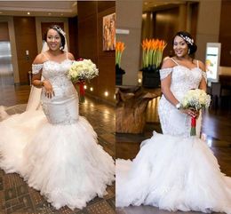 2022 Luxurious Rginestones Beads Bridla Dresses Wedding Gowns Plus Size African Women Mermaid Style Off The Shoulder Applique Tulle Party Formal Vestidos De Novia
