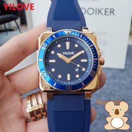 Mens Quartz Imported Movement Watch 45mm Stainless Steel Case Classic Clock Calendar Black Blue Rubber Strap Waterproof Sports Style Gifts Wristwatches