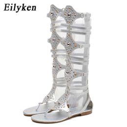 Sandals Eilyken Gold Women Gladiator Roman Sandals Pu Leather Open Toe Knee High Rivet Leisure Sandals Boots Flat 220318