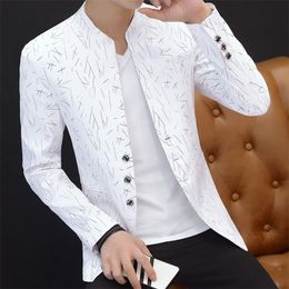 Autumn Cool Men Blazer Vintage Comfy Print Korean Style Spring Autumn Stand Collar Fake Pockets Buttons Blazer for Business 220409