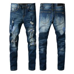 Dark Blue Jeans Men Patch Slim Fit 11 High quality Biker Denim Pants Hip Hop Trousers Size 28-40