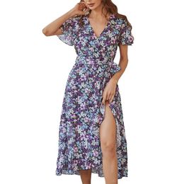 Casual Dresses Floral Print Bohemia For Women 2022 Wrap V Neck Short Sleeve Belted Ruffle Hem Maxi Sexy Slit Summer DressCasual