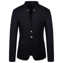 Spring Men's Fashion Button Decorative Blazer Coat Chinese Style Slim Fit Stand Collar Solid Color Suit Jacket 220504
