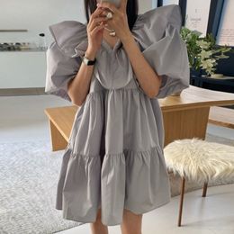 WAKUTA Lantern Short Sleeve Loose Mini Dress Women Summer Korean Elegant Patchwork Ruffles V Neck Ladies Dresses Casual