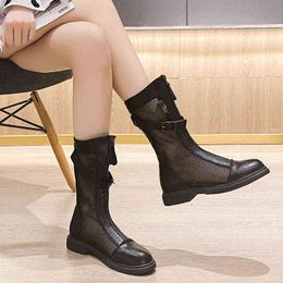 2022 summer hollow mesh breathable thin high tube net boots flat bottom front zipper cool boots