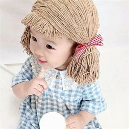 Cute Kids Girl Hat Beanie Hair Pigtail Wig Cap Handmade Woollen Yarn Children Baby Hats and Caps Accessories P ography Props 220630