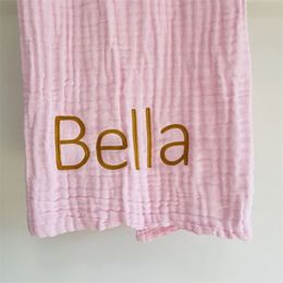 Personalised Blankets Custom Name Muslin s born Girl Boy Blanket 6 Layer Muslin Cotton Blanket Solid Colour 220712