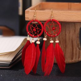 Dangle Earrings & Chandelier Bohemian Red Dream Catcher Leaf Feather Ladies Women Summer Jewelry Natural Wood Drop EarringsDangle