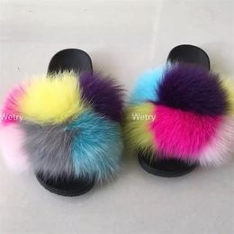 Mixed Colour 100% Real Fur Slippers Slides Casual Shoes Fluffy Slippers Flip Flops Furry Shoe Y200423
