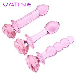 VATINE Pink Rose Flower Shape Anal Plug sexy Toys for Women Glass Dildo Bead Butt Stimulation Prostate Massager Shop