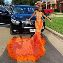 Orange Feathers Mermaid Prom Dress african Black Girls Halter Lace Appliques Backless Birthday Party Dress Long African Evening Gown