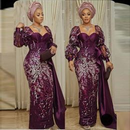 Dubai African Aso Ebi Evening Dresses With Sequined Lace Appliques grape Mermaid Prom Dress Plus Size Women Muslim Party Gowns