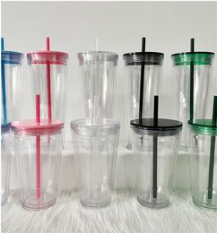 New Flat Lid 710ml 24oz Clear Plastic Double Wall Tumbler With Straw And Lid Lid Reusable Coffee Tea Mugs 6070 Q2