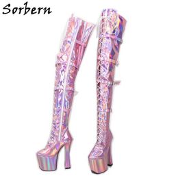 Sorbern Pink Holographic Boots Women Crotch Thigh High 20Cm Extreme High Heel Chunky Long Boots Custom Thigh Width Unisex Shoes