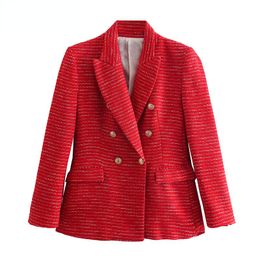 Women's Suits & Blazers Women Red Tweed Textured Double Breasted Blazer Vintage Notched Collar Long Sleeve Jacket Coats Office Lady Outerwea