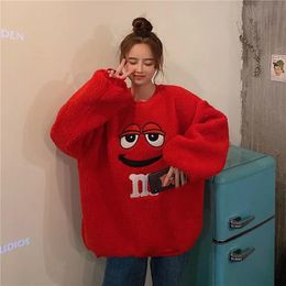 Women's Hoodies & Sweatshirts Autumn Winter Cute Imitation Lamb Velvet Sweatshirt Women College Style Cartoon Loose Pullover Top Ins Trend C