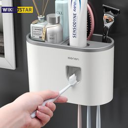 WIKHOSTAR Automatic Toothpaste Dispenser Multifunctional Storage Rack Wall Mounted Toothbrush Holder Bathroom Accessories Sets 220523