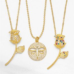 -Anhänger Halskette elegante Kupferkristall Tulpe Halskette für Frauen Gold Libelle Mode Regenbogen Blumenpaar Liebhaber Schmuck Geschenke228s