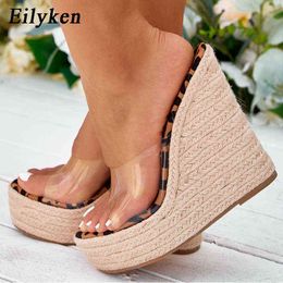 Eilyken Pvc Transparent Peep Toe Leopard Grain Platform Wedges Slippers Sandals Women Fashion High Heels Female Shoes