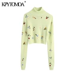 KPYTOMOA Women Fashion Floral Embroidery Cropped Knitted Sweater Vintage High Neck Long Sleeve Female Pullovers Chic Tops 201221
