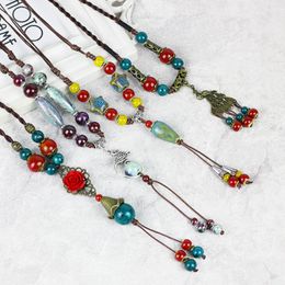 Ethnic Long Vintage Bohemian Boho Ceramic Flower Pendant Tassel Necklace Women Collar Choker Sweater Chain Pendant Jewellery