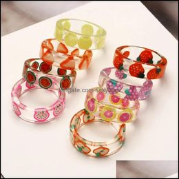 Band Rings Jewelry 2021 Bohemian Summer Fruit Transparent Resin Acrylic Ring For Women Girls Design Stberry Lemon Finger Party Gifts Drop De