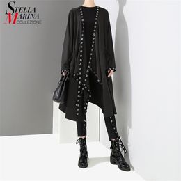 Korean Style Women Very Long Solid Black Jacket Open Design Long Tape Stitched Metal Holes Female Stylish Loose Jacket T200212