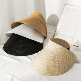 Wide Brim Hats Summer Empty Top Portable Foldable Magic Tape Roll-up Beach Hat Women Sun Fashion Casual Straw Cap VisorsWide