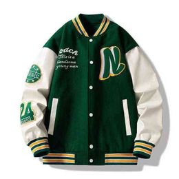 Embroider Letters N Men Varsity Bomber Jacket Oversize Vintage Y2k Baseball Coats Women Leather Sleeve Green Autumn Outerwear T220816