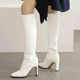 Boots Brand Design Faux Leather Women Knee High Boots Fashion Square Toe Slip on Women Shoes Autumn Winter Boots Thick Heel Shoes G220813