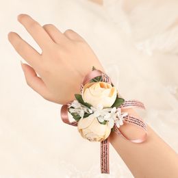 Wrist Flower Wedding Bridesmaid Hand Rose Artificial Flowers Ribbon Party Prom 3colors W1986b