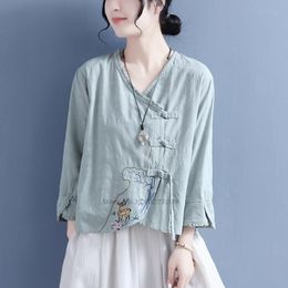 Ethnic Clothing Cotton Linen Blouse Women Traditional Flower Embroidery Hanfu Tops Loose Daily Casual Lady Oriental Tang Suit BlouseEthnic