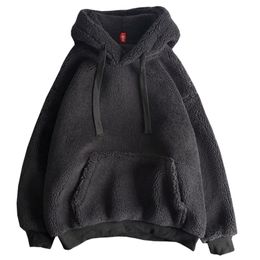 Fashion Black Lamb Cashmere Autumn Winter Coat Boyfriend Hoody Loose Pocket Plus Velvet Thick Drawstring Women Sweatshirt 220816