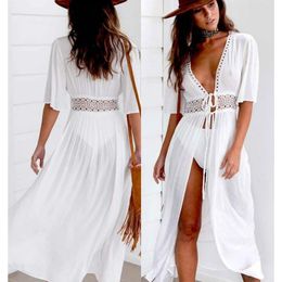 Casual Dresses Women Summer Beach Boho Solid Dress Vestidos Beachwear Swimwear Kaftan Split Deep V Hollow Out Lace-up DressCasual