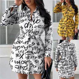 Casual Dresses Autumn Tunics Belt Sexy Shirt Dress For Women Letter Print Turn Down Collar Long Sleeve Loose Office Lady DressesCasual